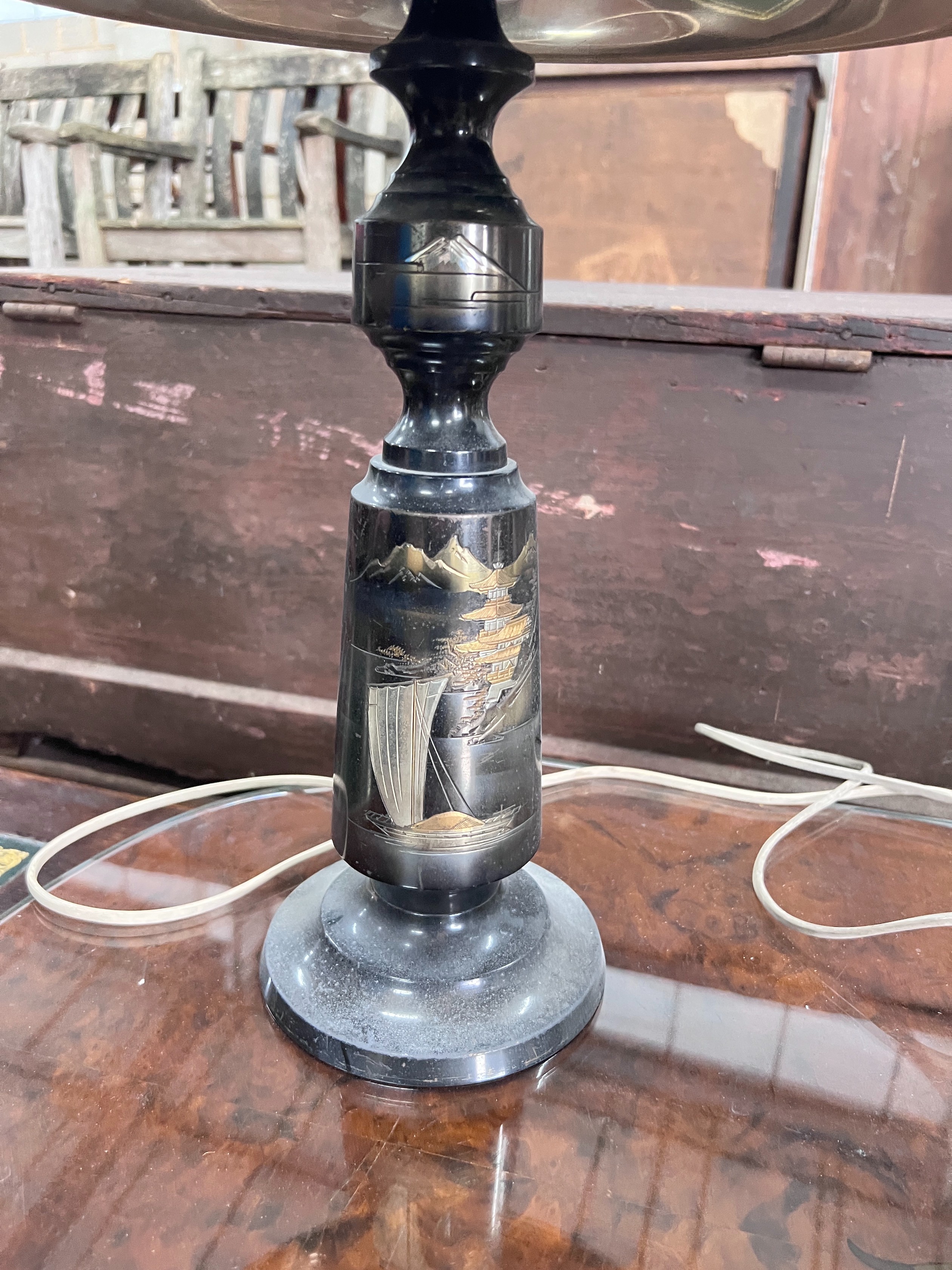 A pair of Japanese decorated metal table lamps, with matching shades, overall height 57cm *Please note the sale commences at 9am.